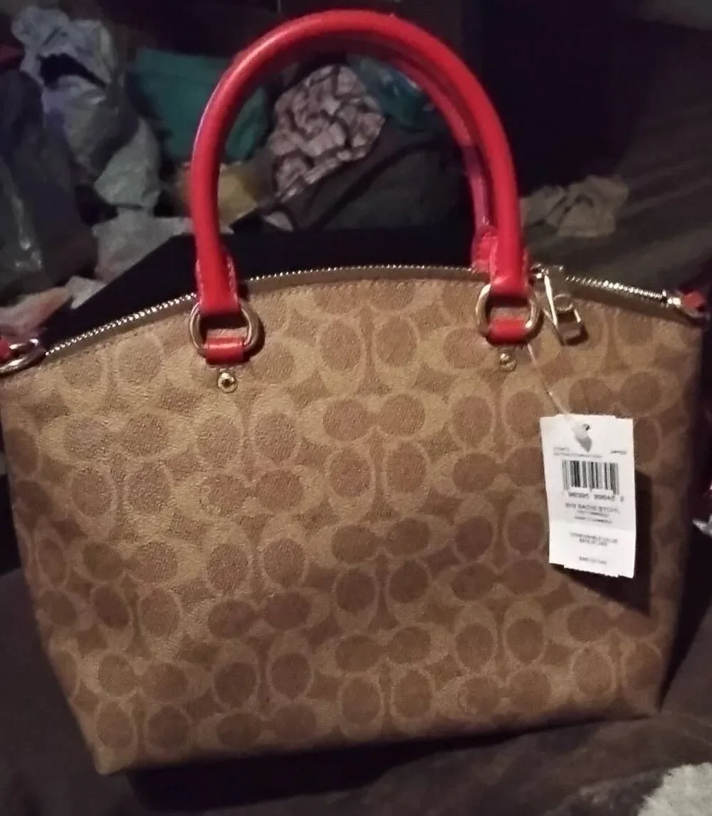 NWT~COACH Sadie Satchel Bag in Signature Canvas & Red Accents~$460 Retail~